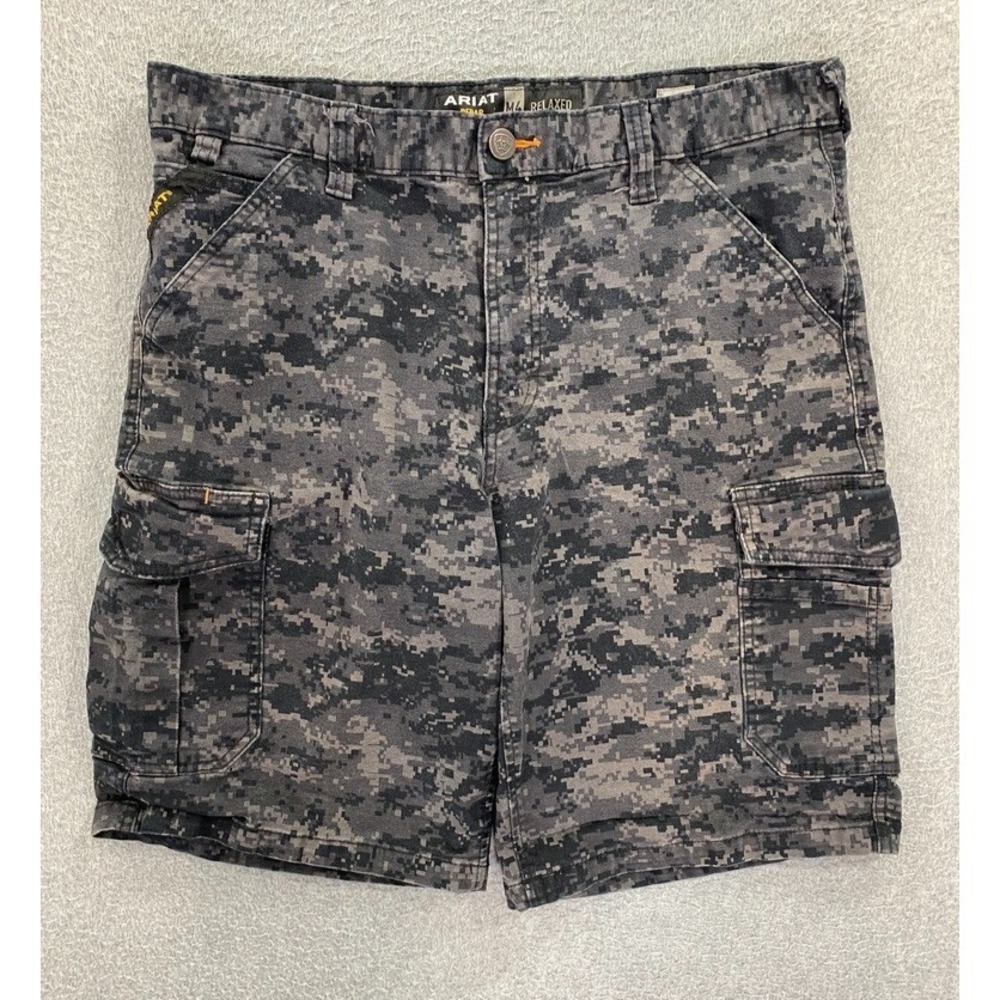 Ariat Rebar M4 Camo Cargo Shorts Mens 34x10 Relaxed Fit Black Gray Camouflage